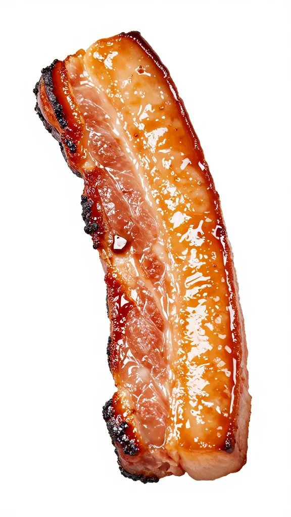 Single pork belly strip with blistered caramelized crust