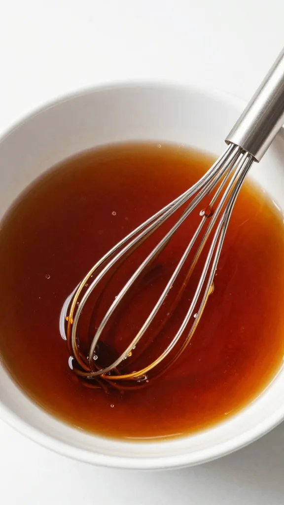 Bowl of deep amber BBQ marinade with whisk