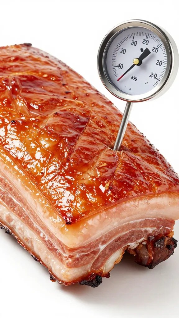 Meat thermometer inserted into roasted pork belly