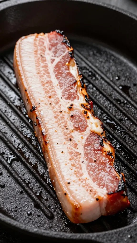 Pork belly on cast-iron grates with defined grill marks