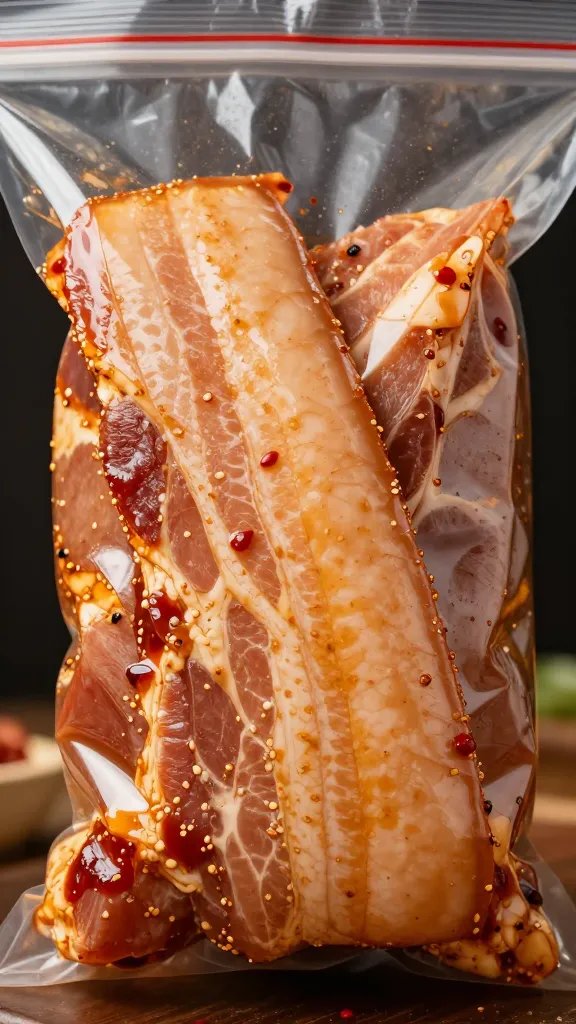 Marinated pork belly sealed in zip bag, closeup marinade coating
