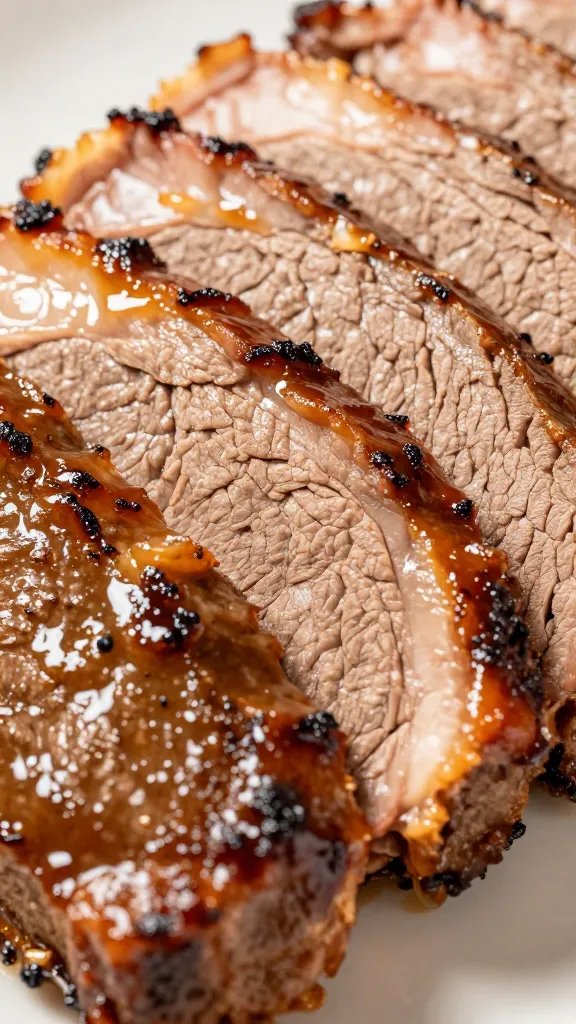 closeup of sliced brisket with glistening warm sauce glaze