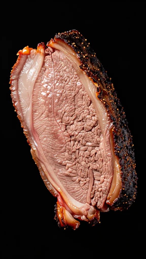 single brisket slice, bark crisp, light sauce sheen