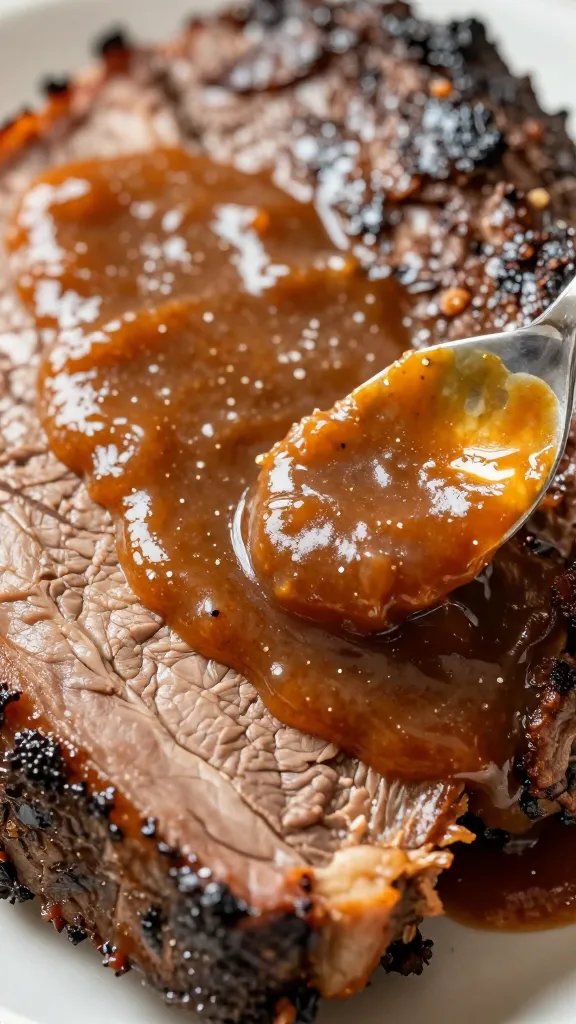 warm sauce brushed on resting brisket, macro detail