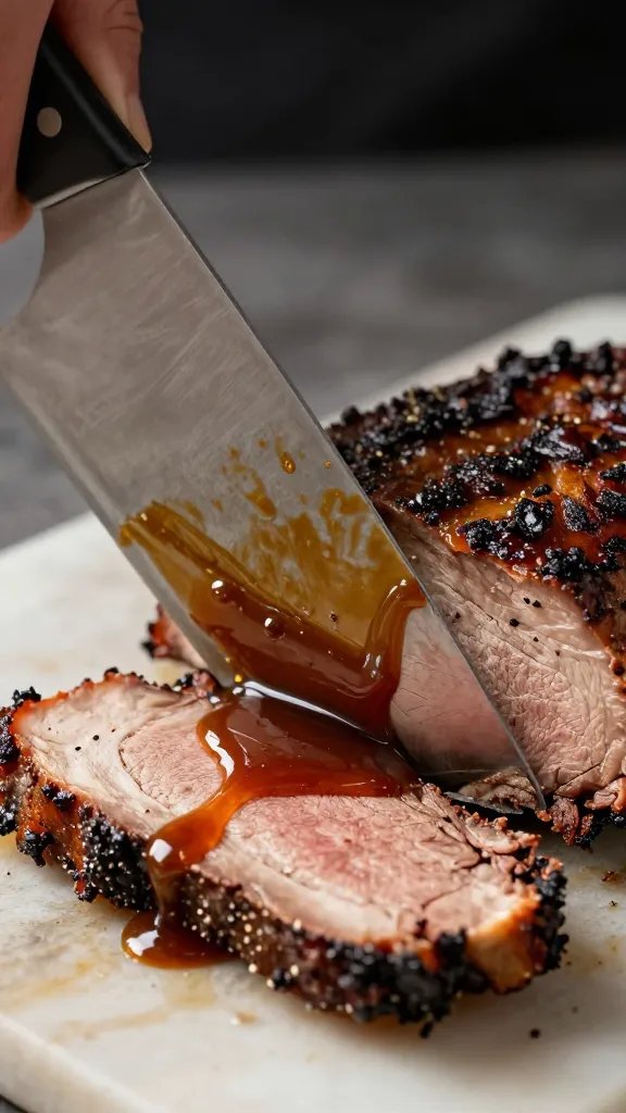 sauce-dipped slicing knife beside resting brisket slice