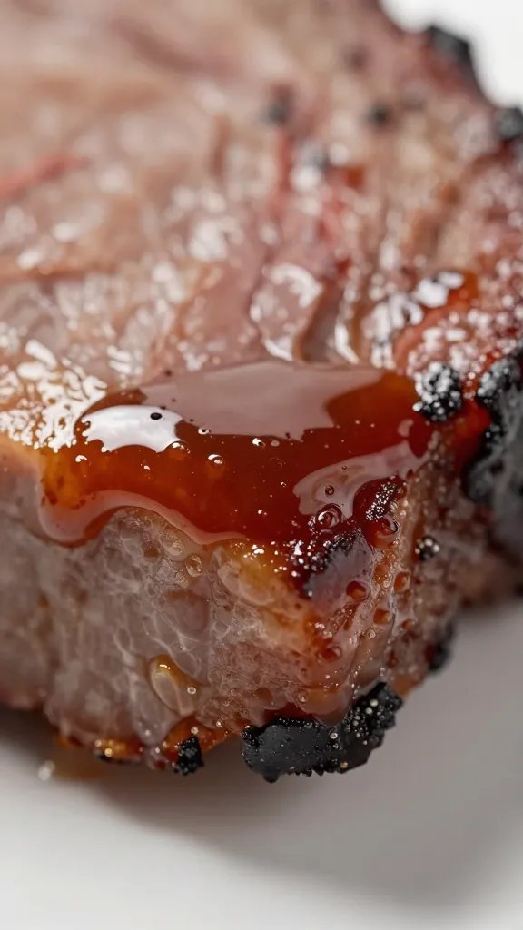 glossy sauce droplet beading on brisket bark, macro