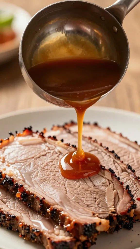 warm sauce ladle hovering over brisket slice, closeup