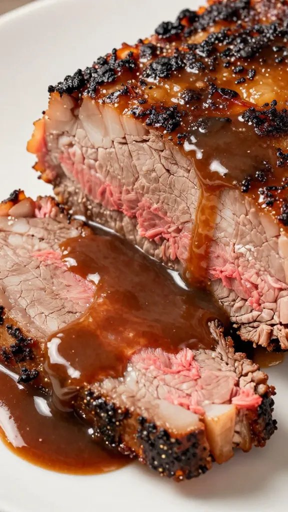 cross-section brisket slice showing juices under sauce