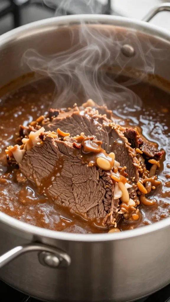 stainless saucepan of brisket sauce, steam rising, closeup