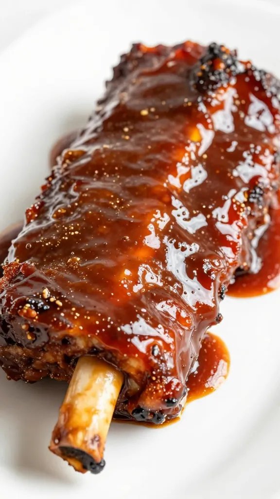 glazed spare rib slab with thick tangy sauce, closeup