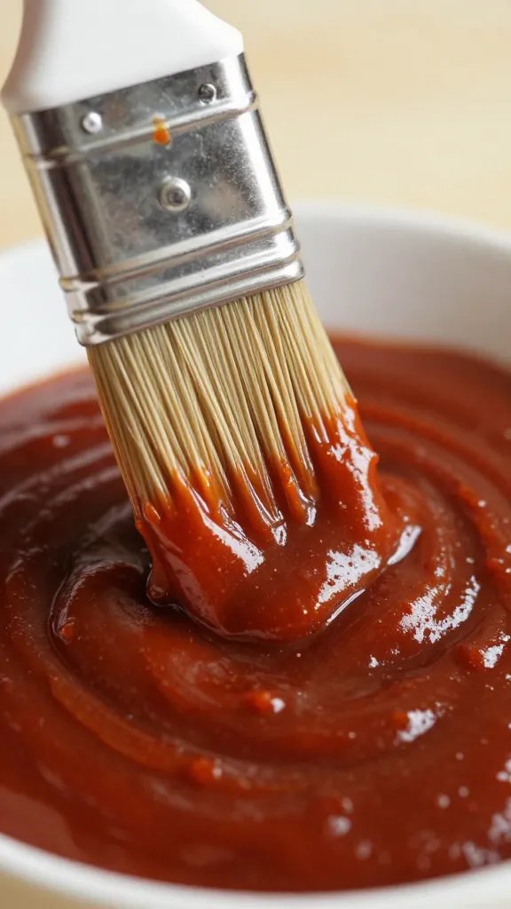 basting brush loaded with thick rib sauce, macro shot