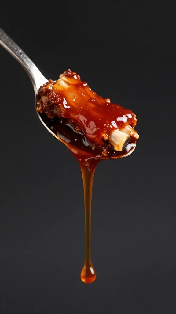spoon dripping tangy rib sauce ribbon, studio lighting
