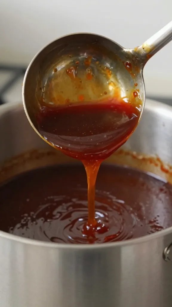 ladle scooping reduced BBQ sauce from stainless pot