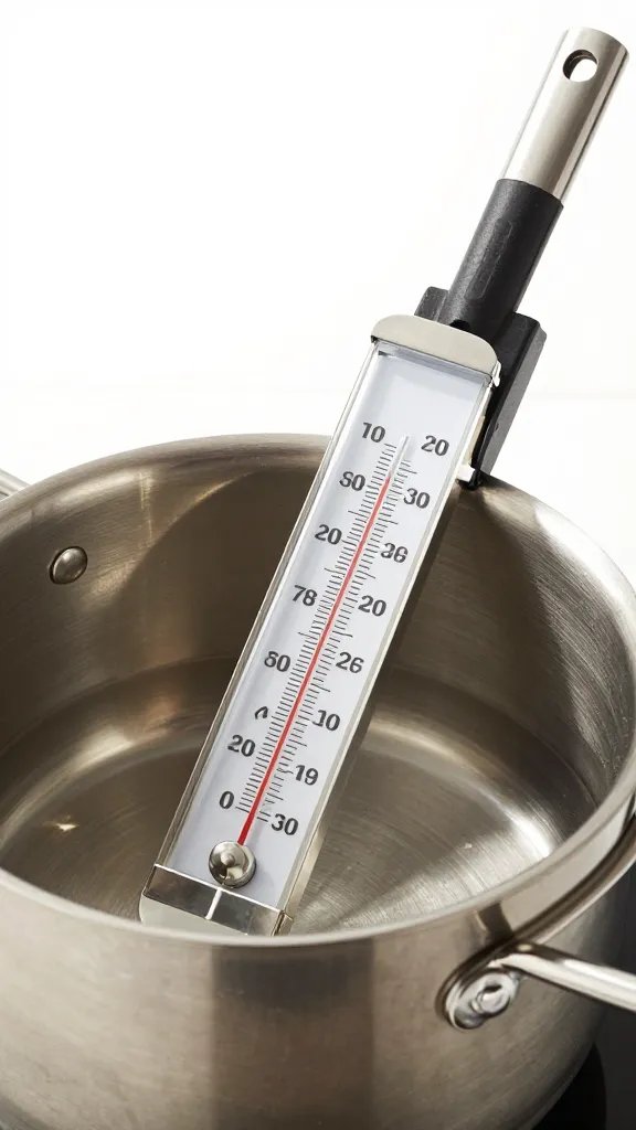 thermometer clipped to sauce pot during 9-minute simmer