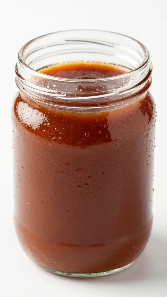 mason jar of thick spare-rib sauce, condensation beads