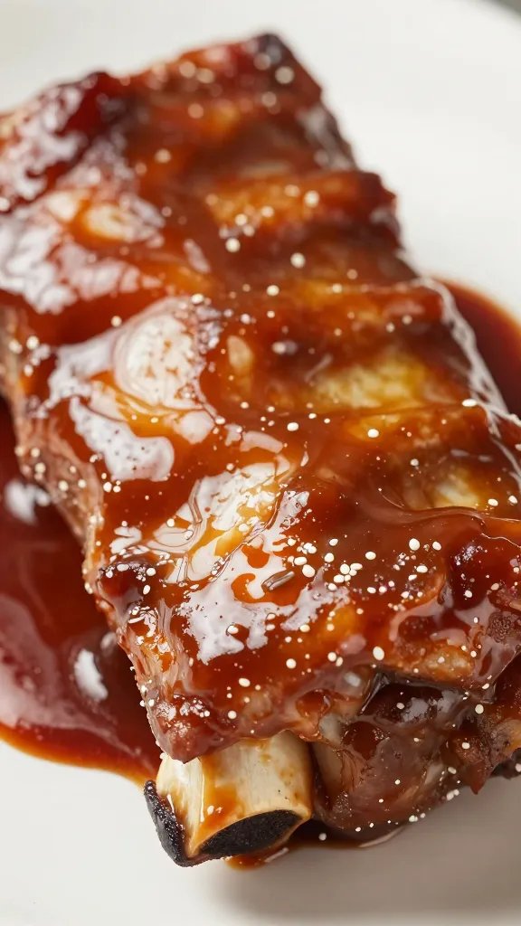 closeup baby back rib bone-end lacquered with glossy sauce