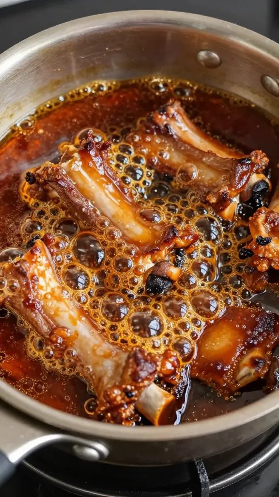 saucepan of simmering rib sauce with caramelized bubbles