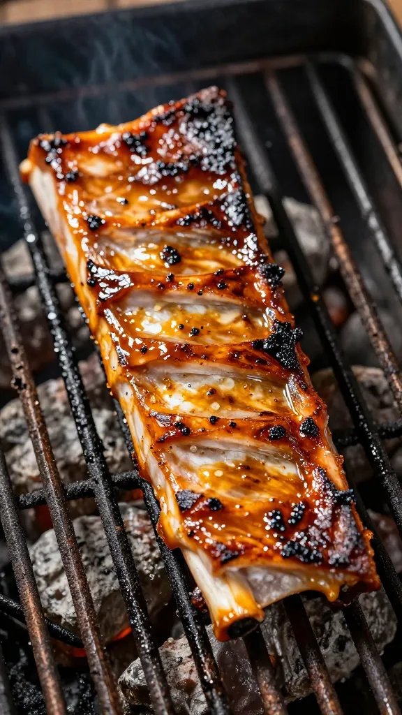 single rib segment with caramelized edges on grill grate