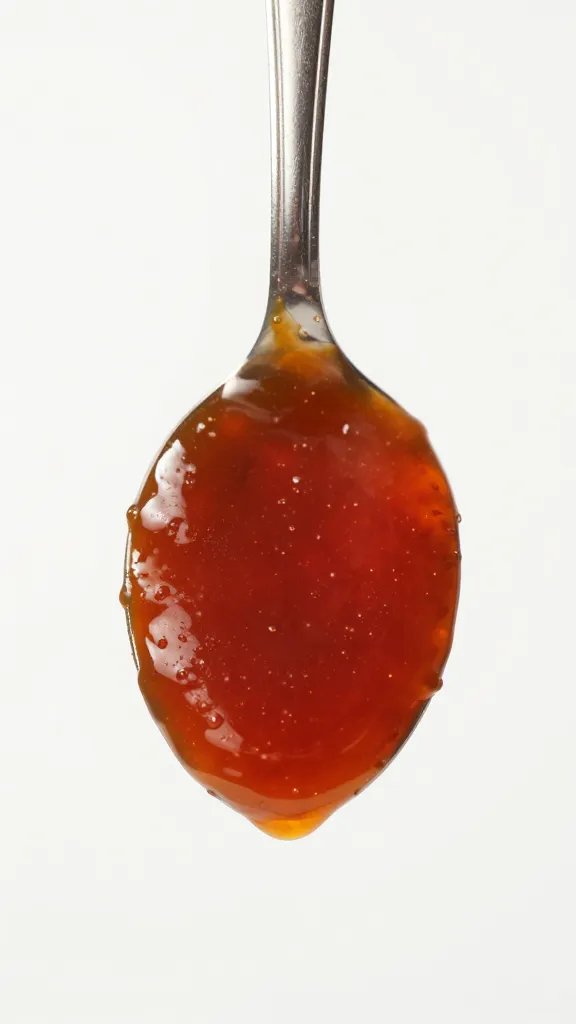 spoon coated in sweet tangy rib sauce, studio backdrop