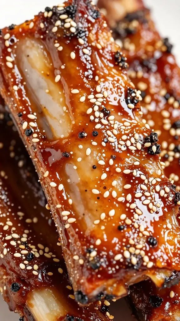 closeup sauce-coated rib surface with sesame-sized pepper flecks