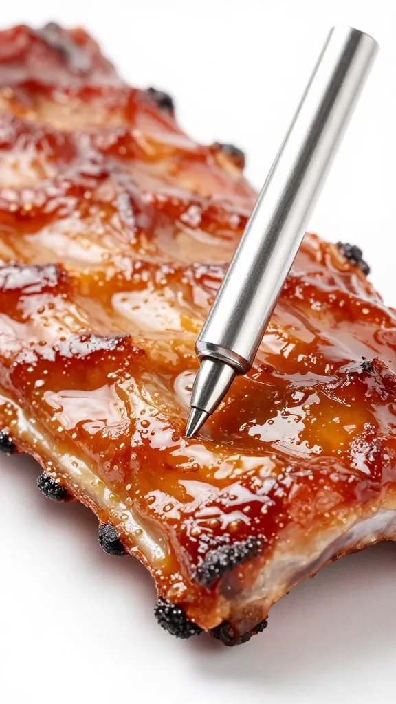 single meat thermometer tip touching glazed rib surface