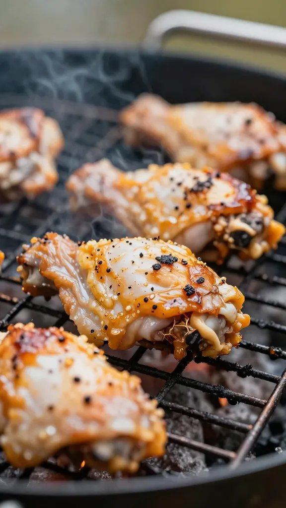 closeup of jerk chicken thigh on charcoal grill