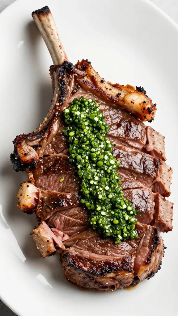 sliced ribeye with chimichurri spooned on top