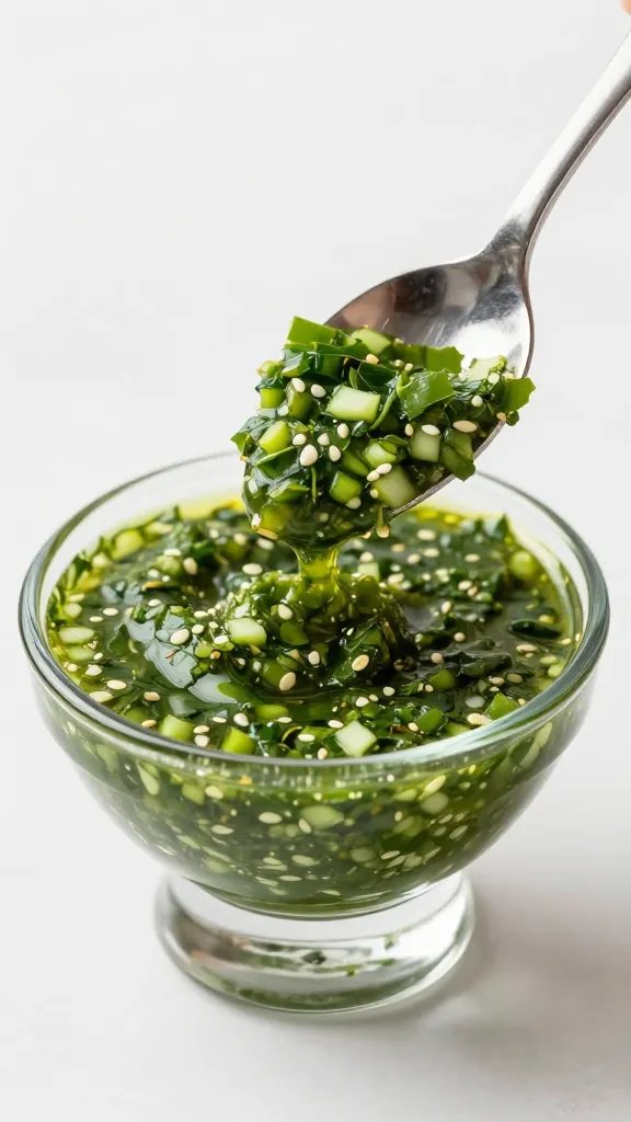 chimichurri in small bowl with spoon, tight shot