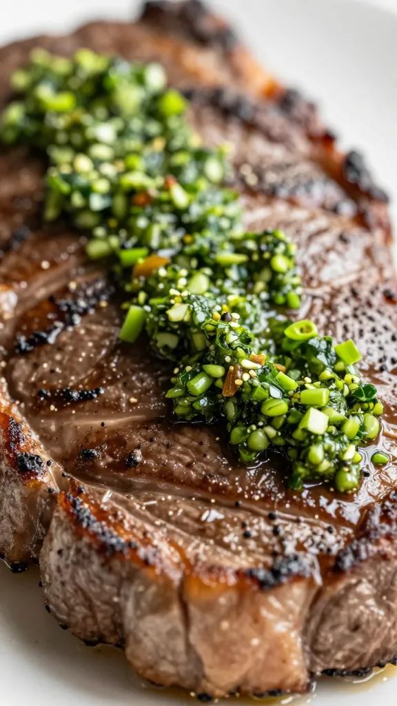 skirt steak closeup with dripping chimichurri