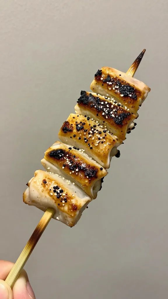 Single yakitori skewer brushed with tare, macro shot