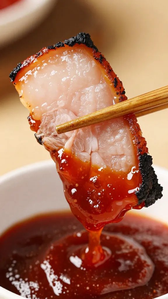 Charred pork belly slice dipped in ssamjang, closeup
