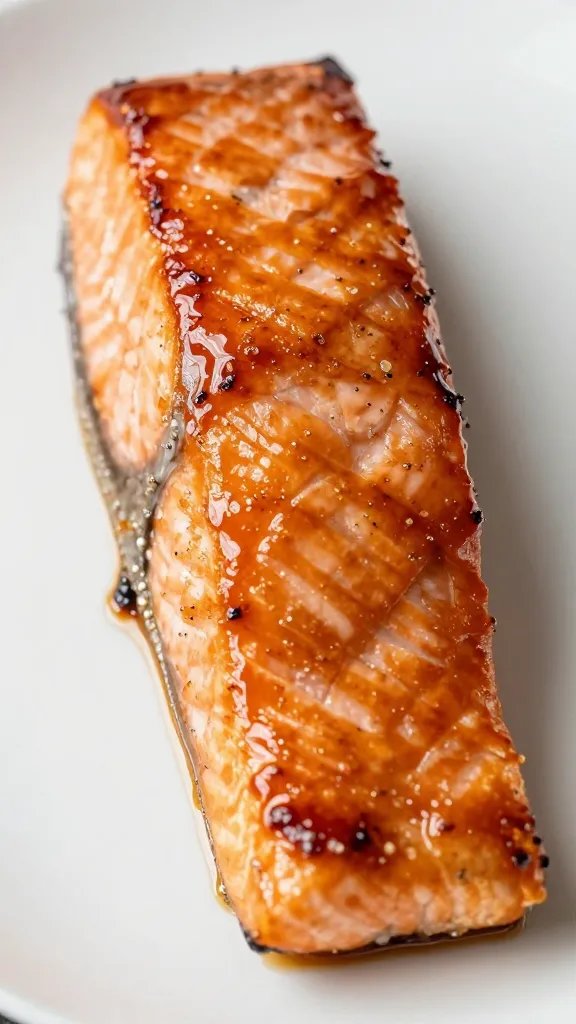 Teriyaki salmon fillet with lacquered glaze, tight shot