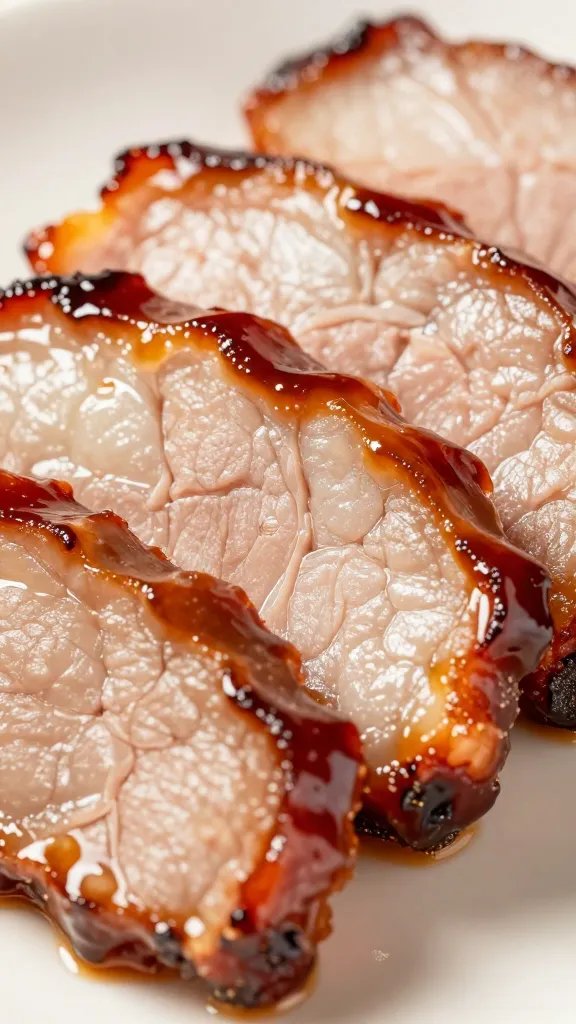 Cantonese char siu slice with glossy glaze, macro