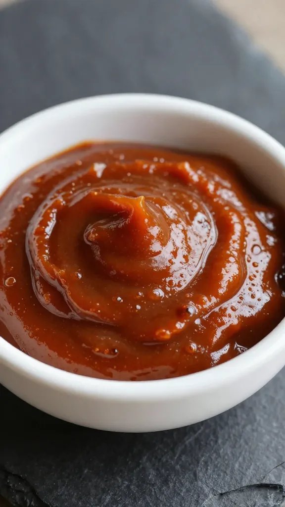Bowl of gochujang paste on dark slate, closeup