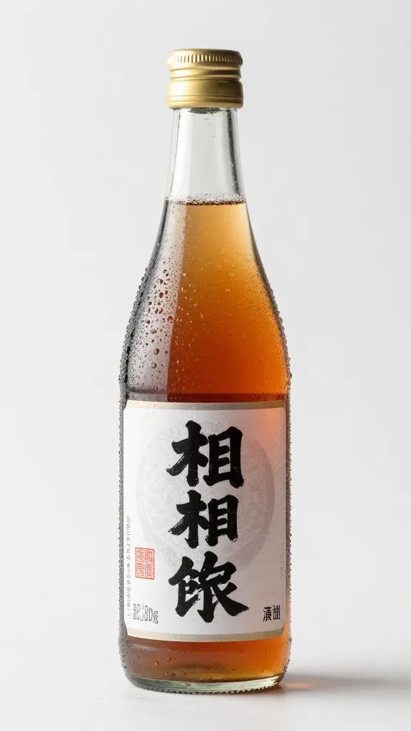 Bottle of mirin with condensation on studio backdrop