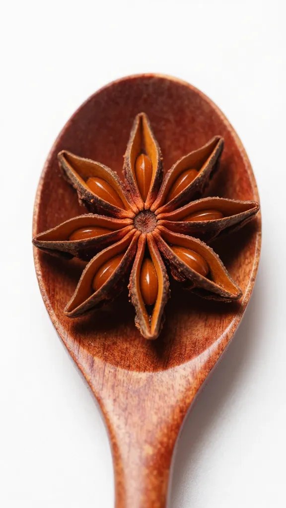 Single star anise on lacquered spoon, macro detail