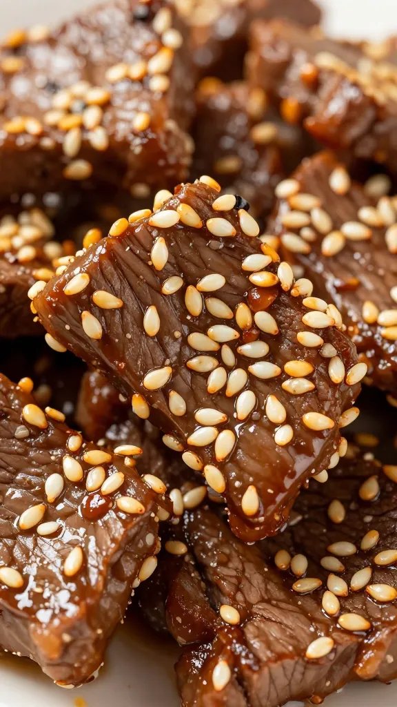 Toasted sesame seeds sprinkled on sauced beef, closeup