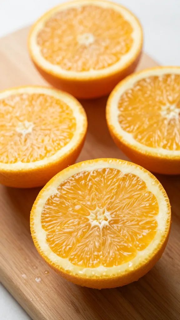 fresh sour orange halves on cutting board, dewy