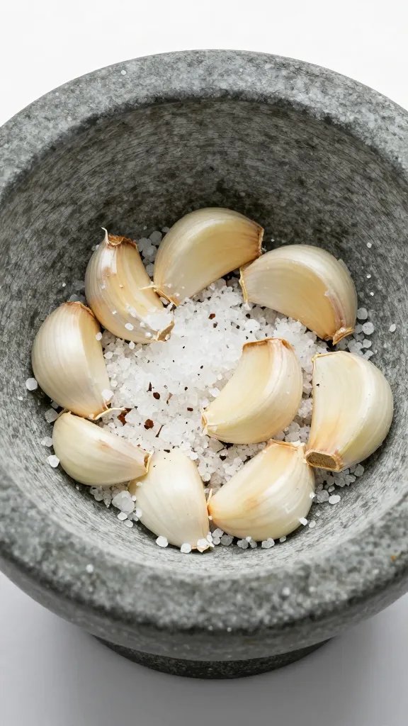 smashed garlic cloves in mortar with coarse salt
