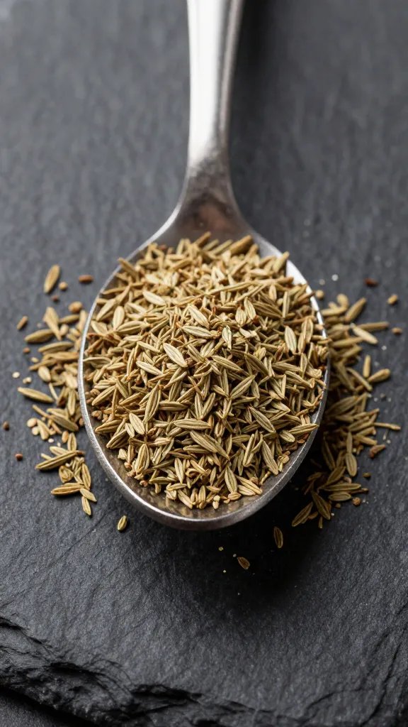 teaspoon of ground cumin and oregano on dark slate