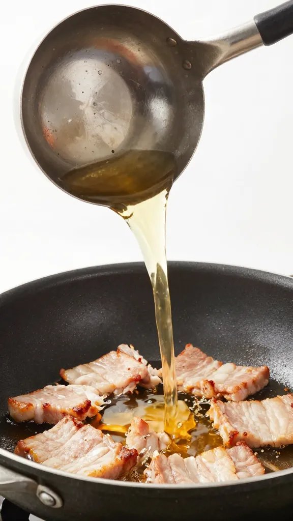 ladle pouring mojo onto sizzling pork in pan