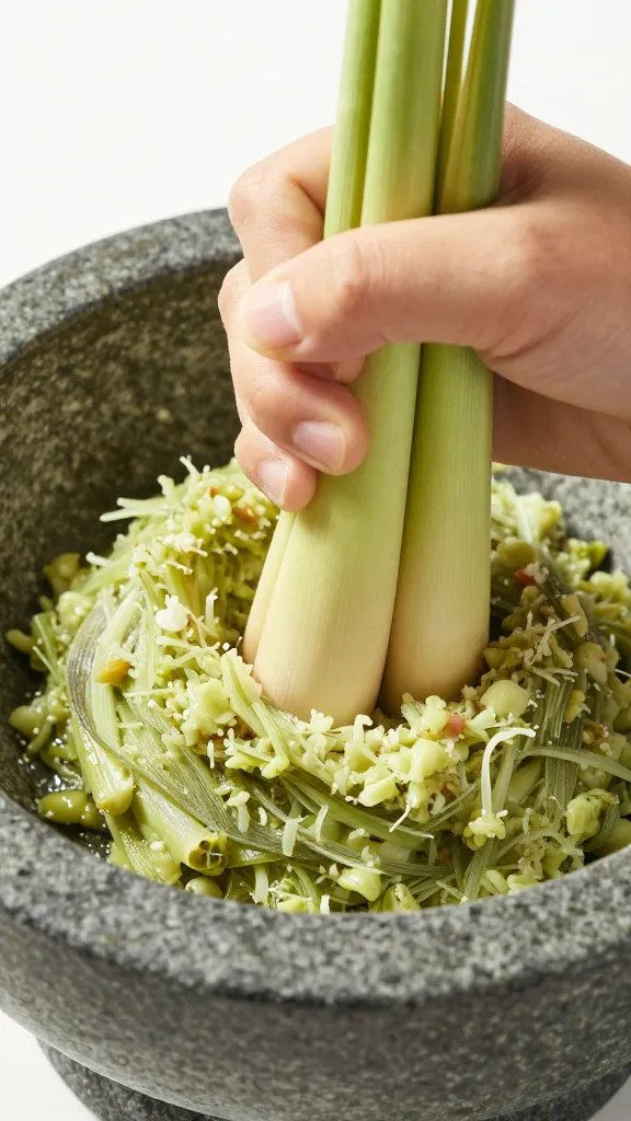 Closeup of lemongrass stalk pounded into paste on mortar