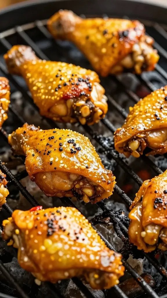 Golden turmeric-stained chicken thigh on grill grates