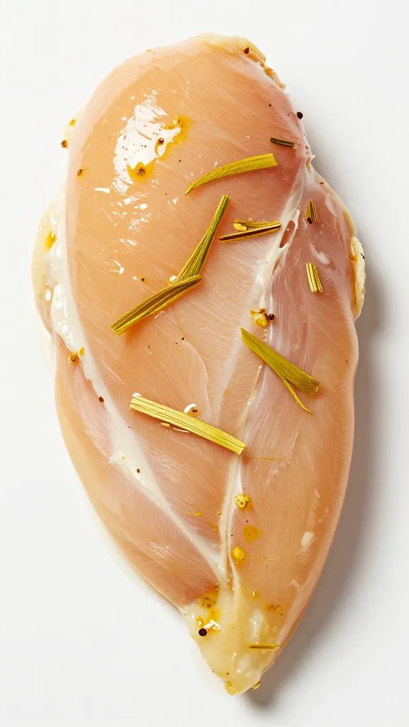 Raw chicken breast coated in lemongrass marinade, overhead
