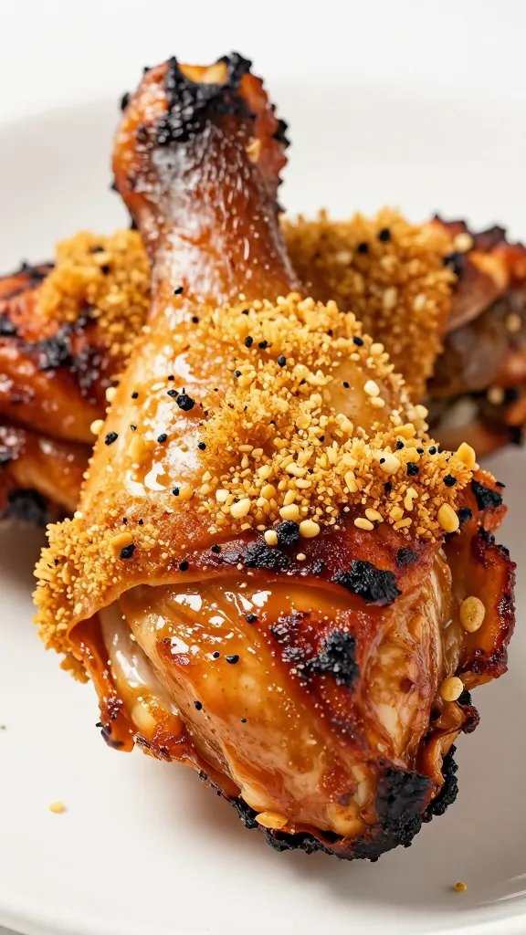 Charred grilled chicken thigh with golden crust, macro
