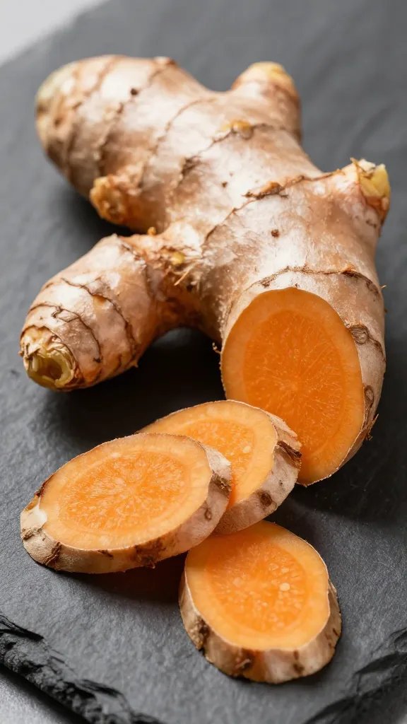 Fresh turmeric root sliced on dark slate, closeup