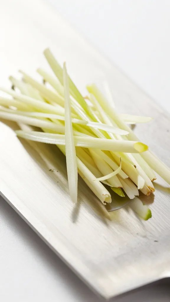 Minced lemongrass fibers on chef’s knife blade, closeup