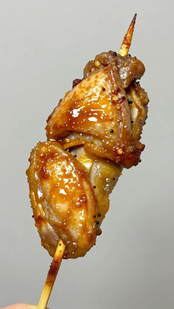Single skewered chicken piece with caramelized edges, macro