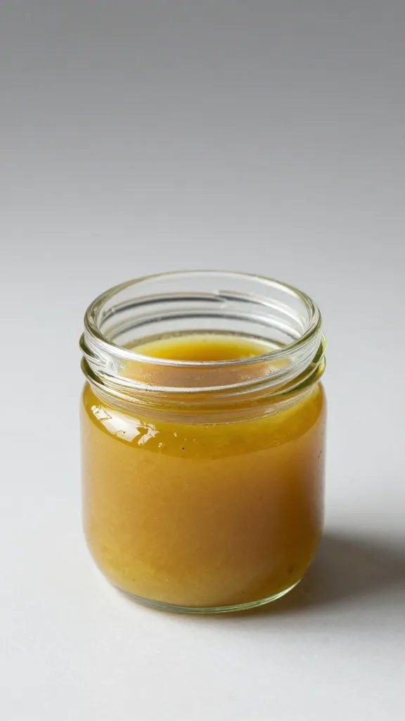 Small glass jar of lemongrass-turmeric marinade, studio light