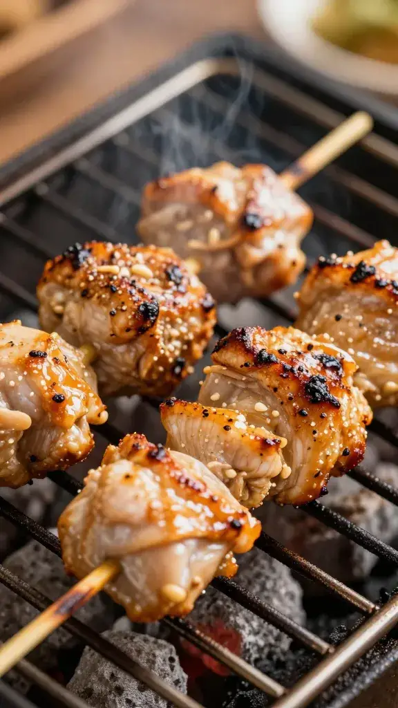 closeup chicken souvlaki skewer on charcoal grill grate